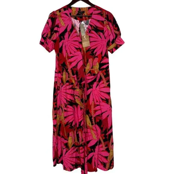 NWT J. Crew Tropical Palm Print Faux Tie Wrap Midi Dress V Neck Zip Up 6 Pink - Picture 3 of 16